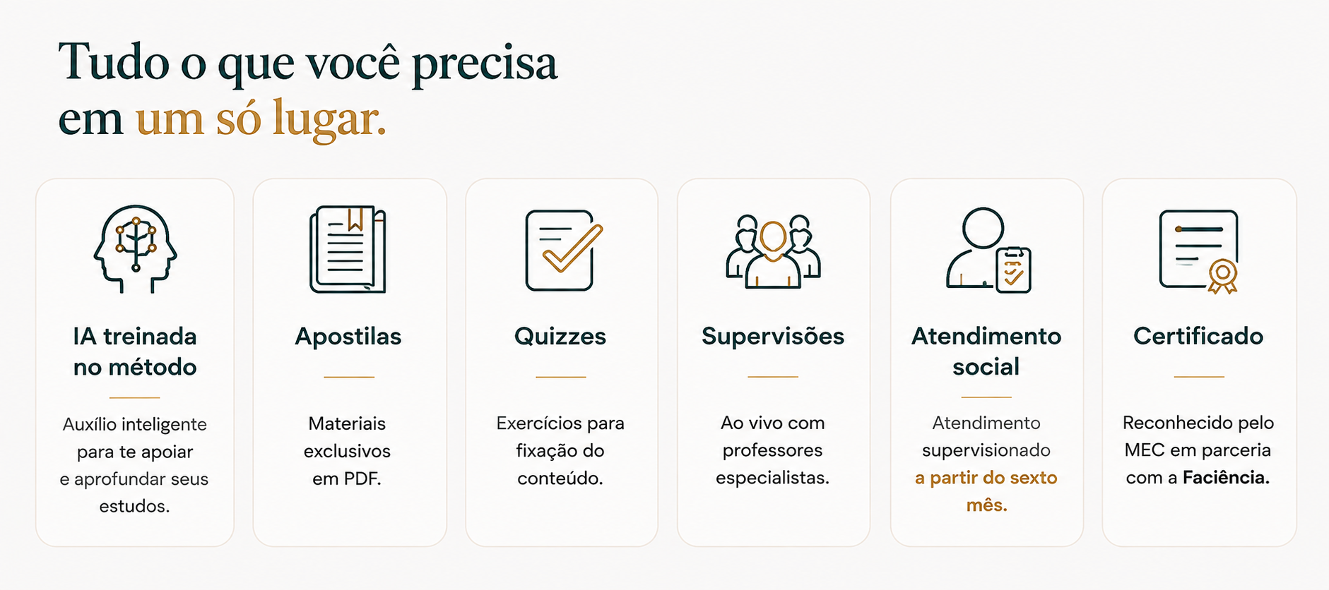 Tudo o que você precisa em um só lugar: IA treinada no método, apostilas, quizzes, supervisões, atendimento social e certificado