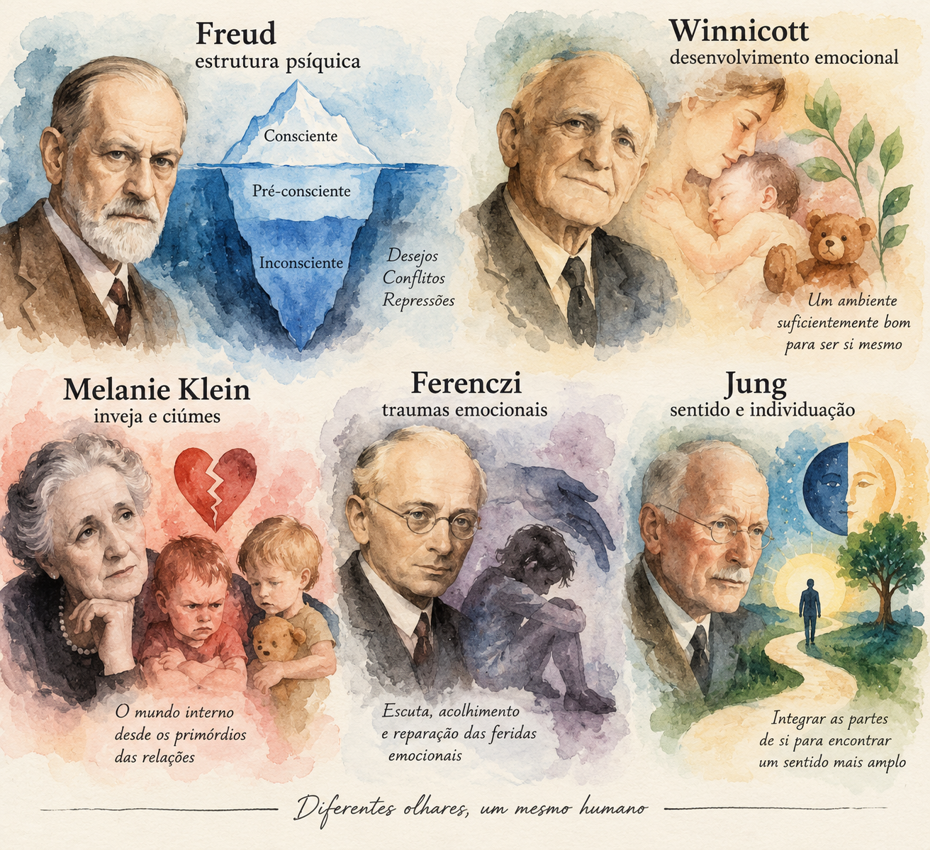 Ilustração dos 5 autores da psicanálise — Freud, Winnicott, Klein, Ferenczi e Jung